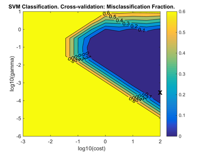 CV misclassification rate as a function of SVM parameters.